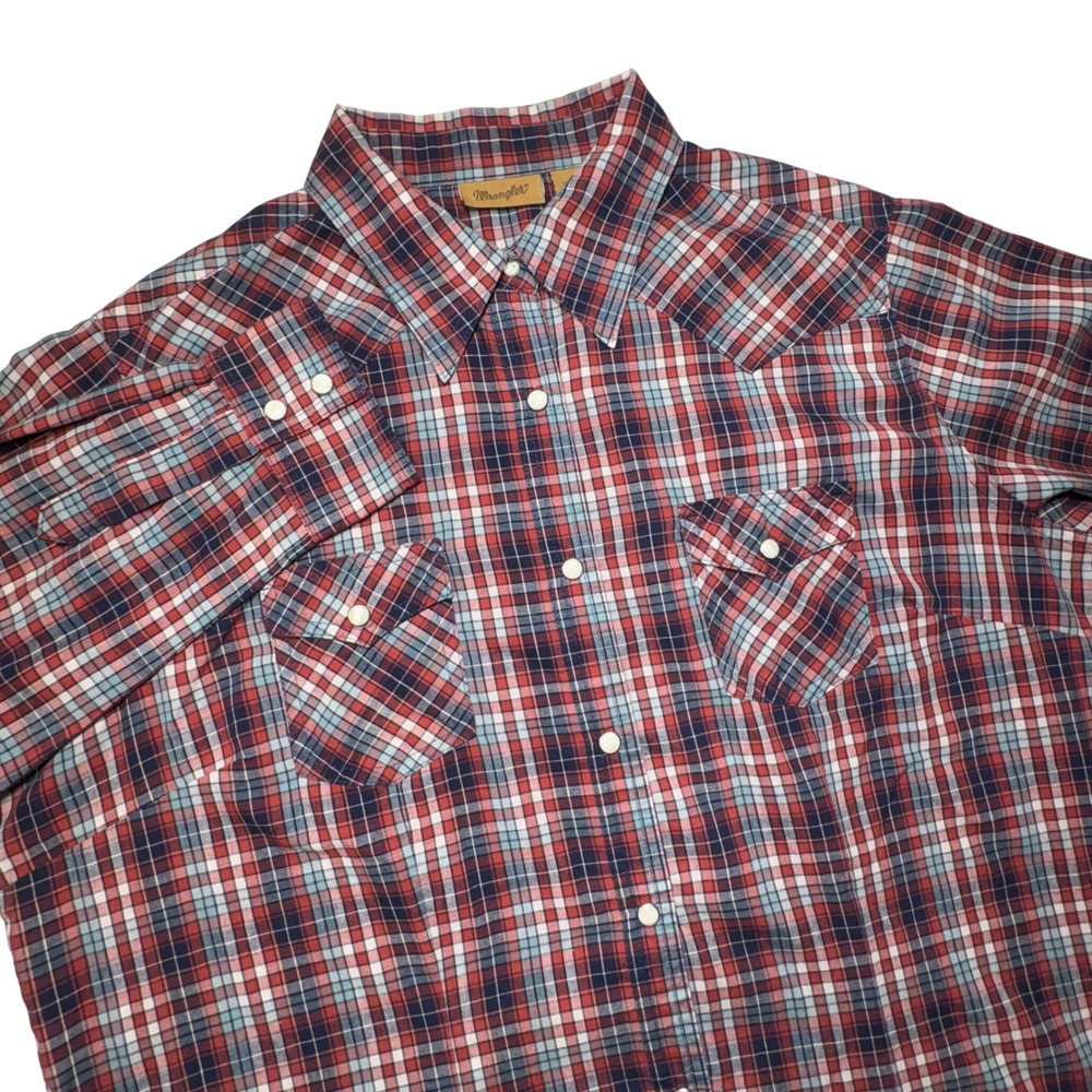 Wrangler Plaid Western Shirt Long Sleeve Snap Button Red Blue XL